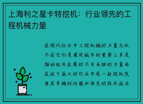 上海利之星卡特挖机：行业领先的工程机械力量